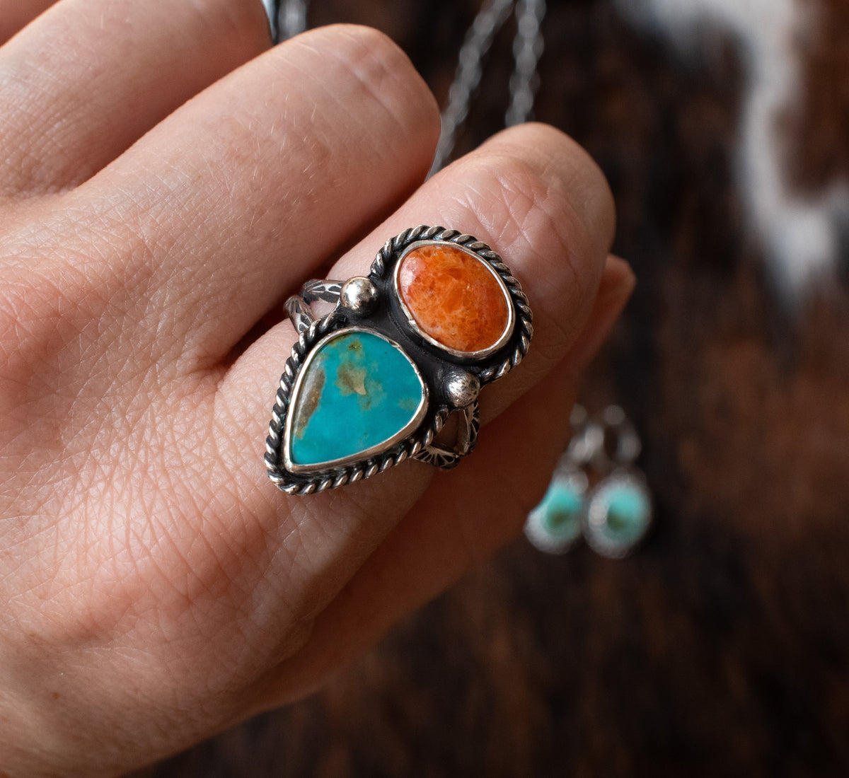 Apple coral & Pilot Mountain turquoise sterling silver ring