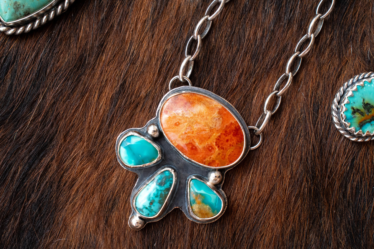 Apple coral & Kingman turquoise necklace in sterling silver