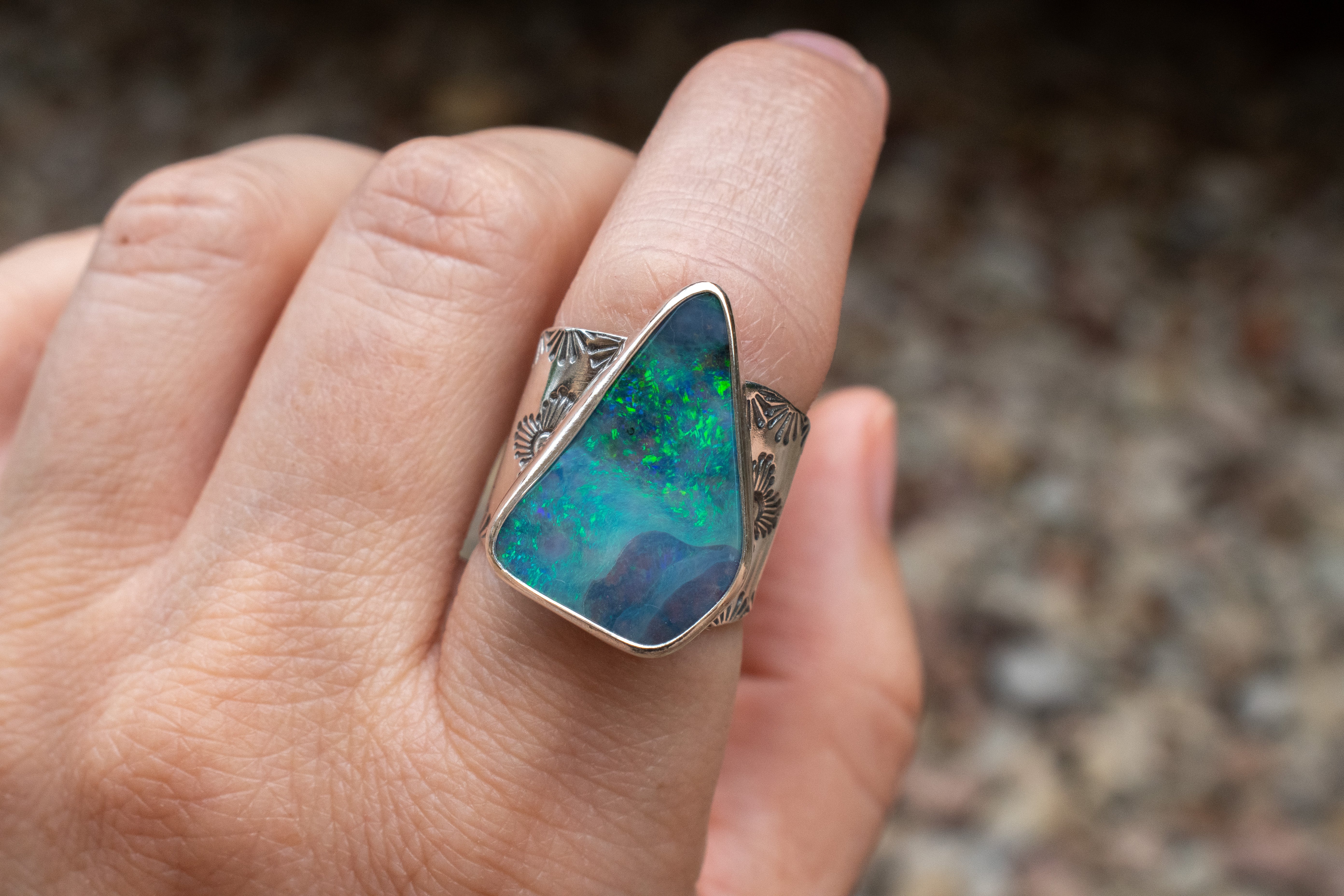 Handwrought Modernist Boulder Opal & Aquamarine Sterling online Ring